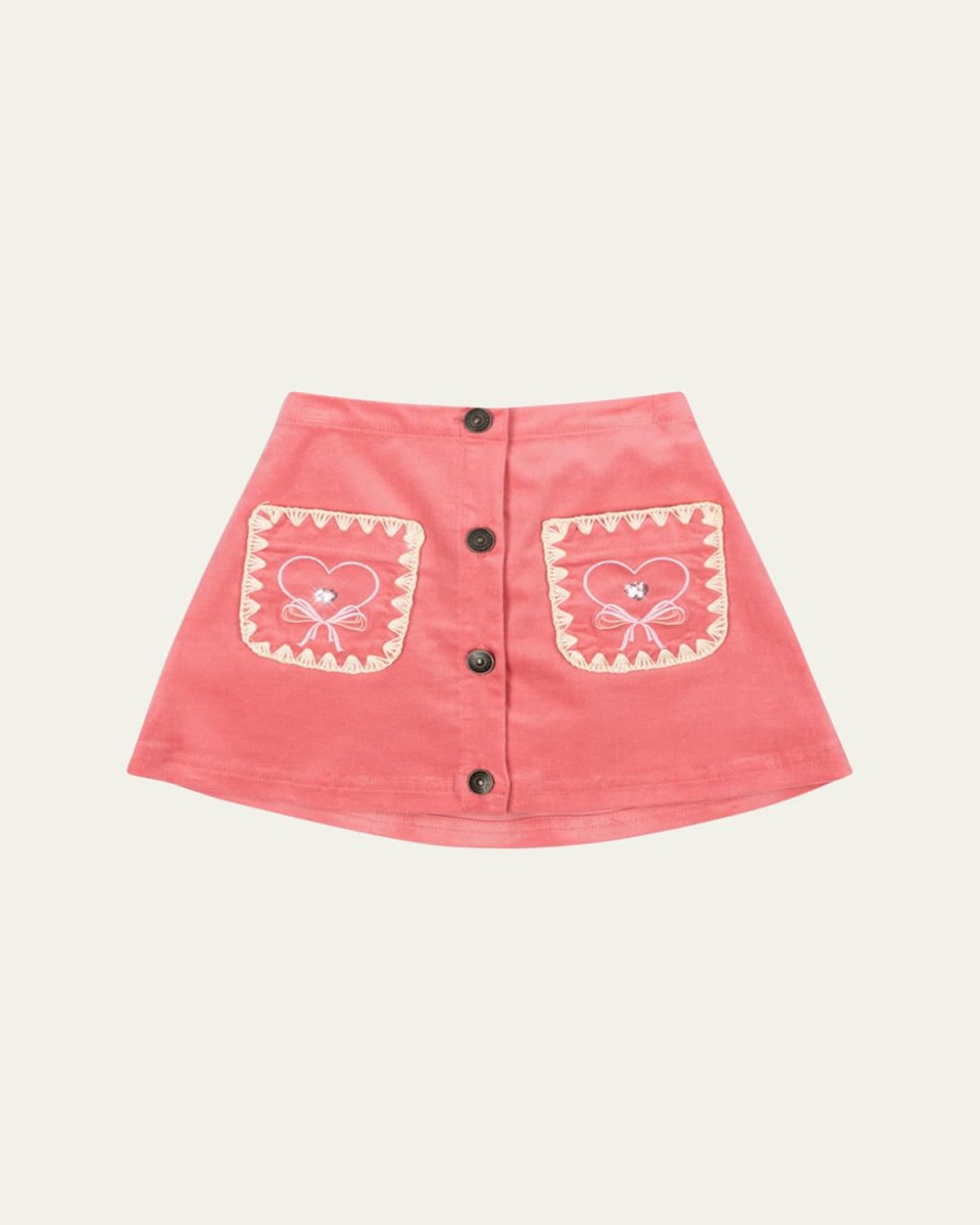 Girl's Lucky Embroidered-Pocket Button-Front Skirt